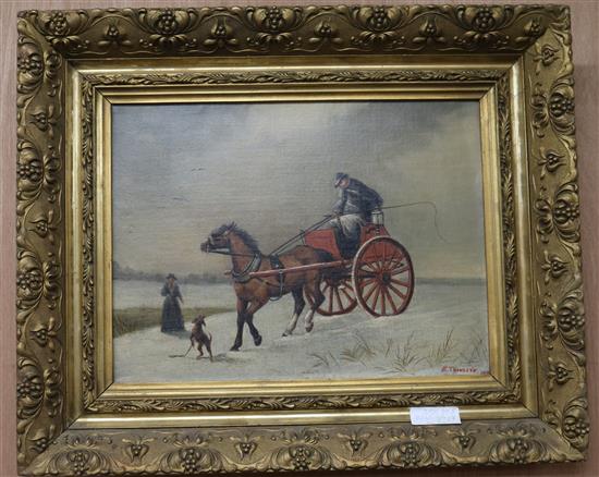 H. Thompson, oil on canvas, Winter scene of figures with cart, signed, 29 x 39.5cm